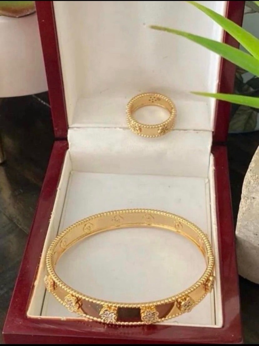 Gold-Tone Clover Accent Bangle and Matching Ring Set